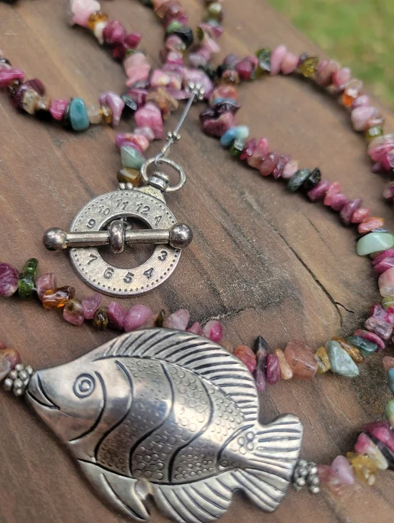 Sterling-Tone Fish Pendant Belt or Necklace with Multicolor Tourmaline Chips - Picture 4 of 6